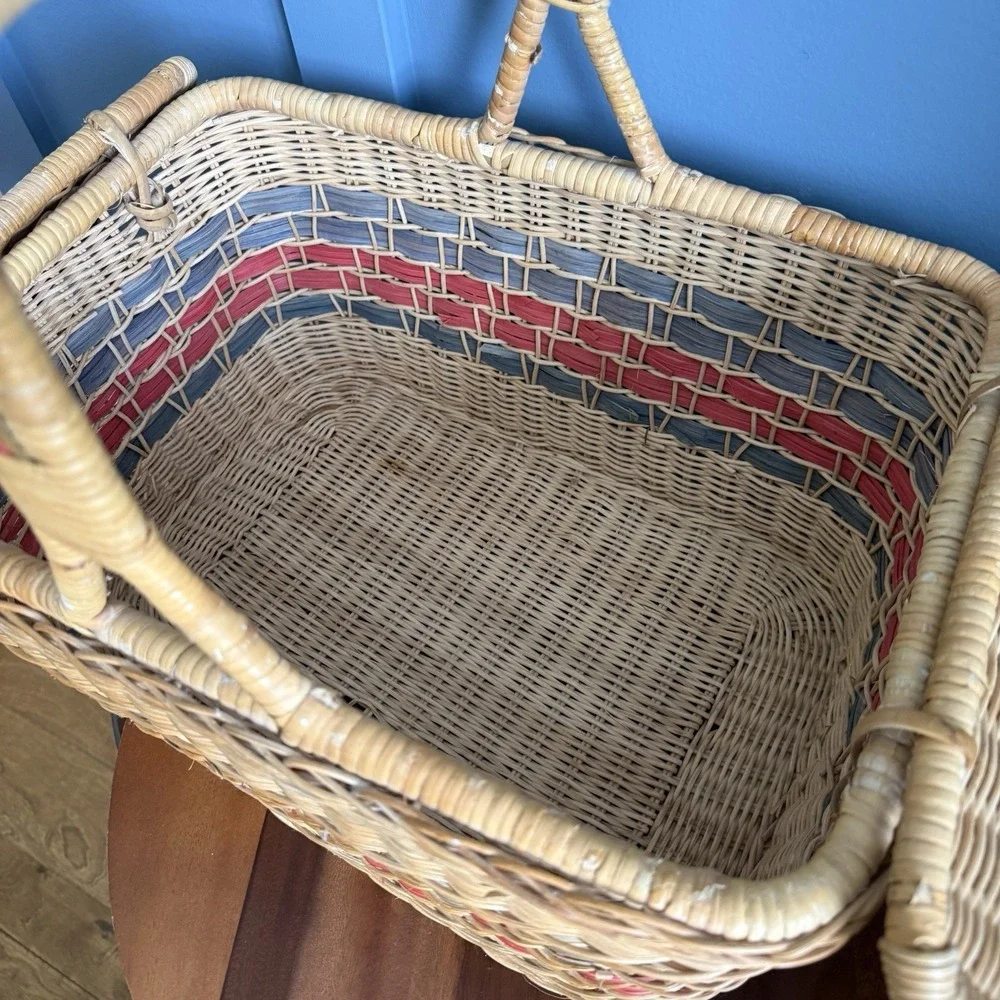Vintage Wicker Picnic Market Basket Double Lid Terracotta Sage Large